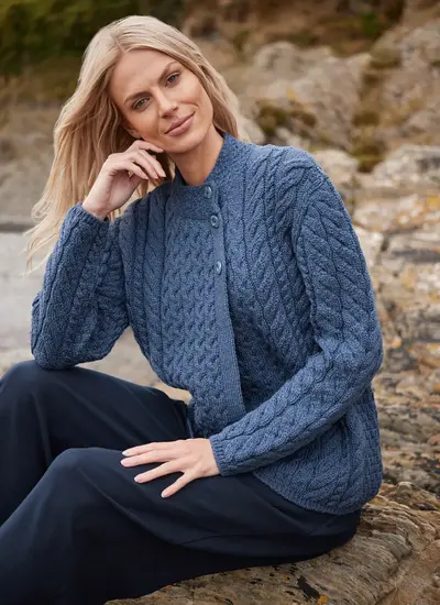 Personalized Erin Button Neck Cardigan in Blue Melange